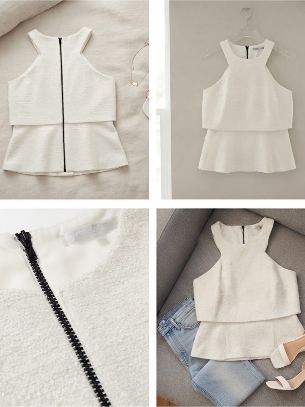 JAYGODFREY Ivory Tweed Peplum Halter Top